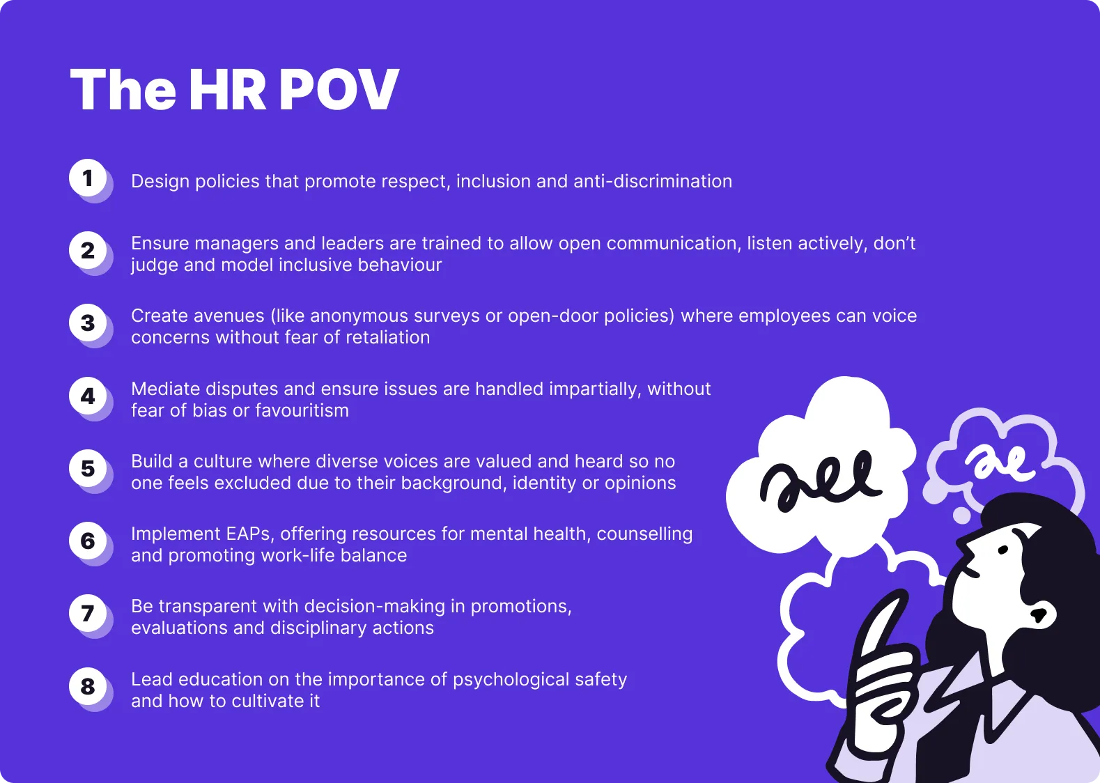 HR guidance on eight ways to build psychological safety in the workplace through inclusive policies and support
