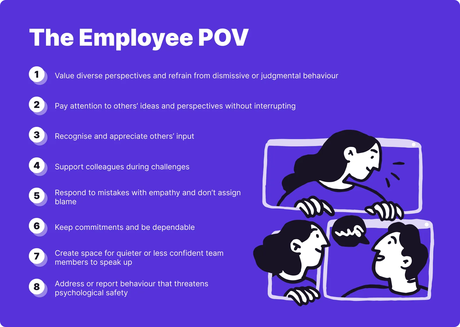 Employee guidance on eight ways to support psychological safety through empathy, inclusion and respectful communication