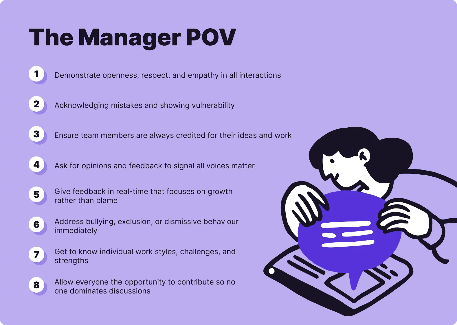 Manager guidance on eight ways to create psychological safety through openness, respect, feedback and inclusion